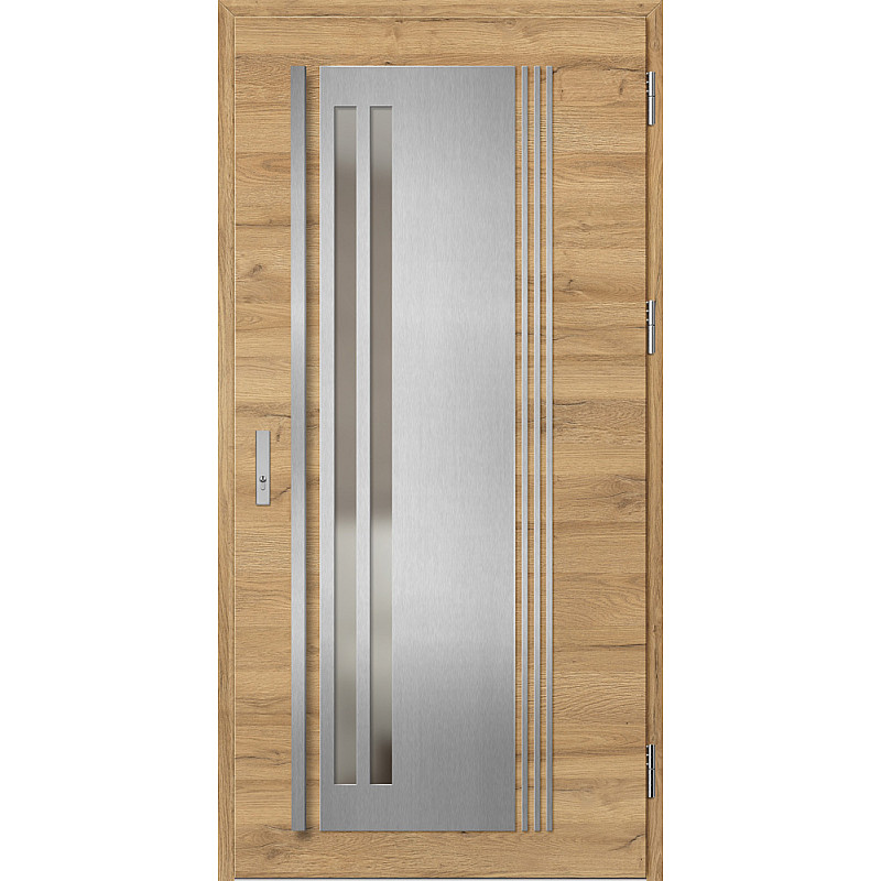 Ocelové vchodové dveře - LINDEN 5 - Dub Natur Příčný, Label Inox Ocelové vchodové dveře ERKADO - LINDEN 5 - Dub Natur Příčný, Label Inox